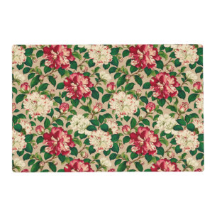 Japanese Camellia Pattern. Deep Pink on Beige Placemat