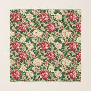 Japanese Camellia Pattern. Deep Pink on Beige Scarf