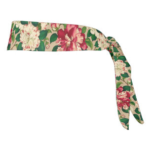 Japanese Camellia Pattern. Deep Pink on Beige Tie Headband