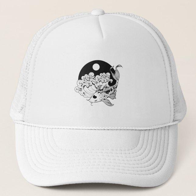 Japanese carp koi with Yin & Yang Background Trucker Hat (Front)