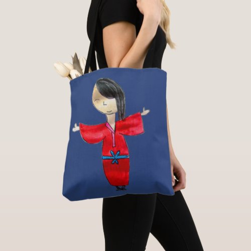 Japanese cartoon doll in red kimono original art tote bag