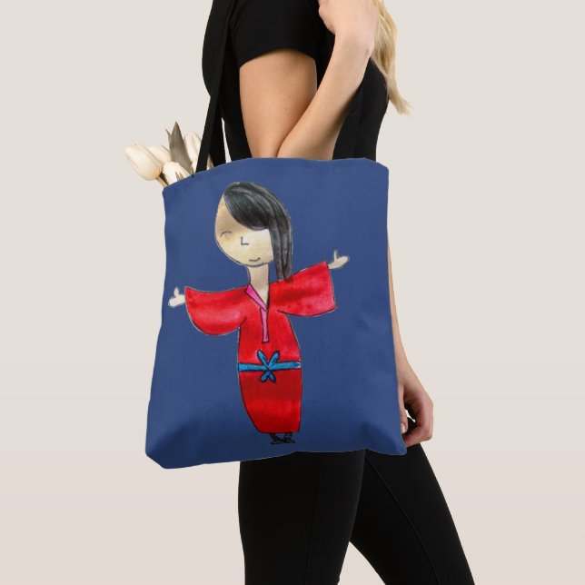 Japanese cartoon doll in red kimono original art tote bag (Close Up)