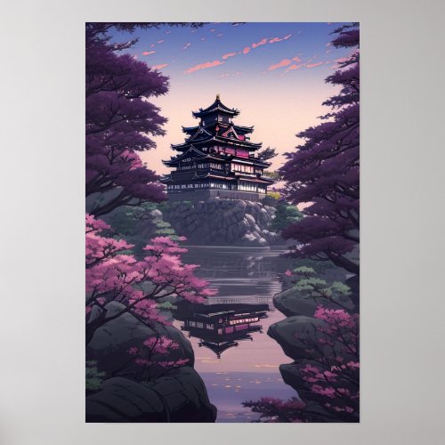 Japanese Castle in Bloom Rocky Hilltop Fortress Poster