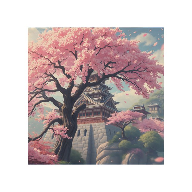 Japanese Castle in Cherry Blossom Spring – Elegant Wood Wall Art (Front)