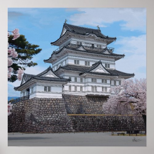 Japanese Castle Odawara sakura illustration Poster