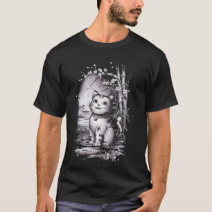 Japanese Cat Bamboo Garden Illustration Art Graphi T-Shirt