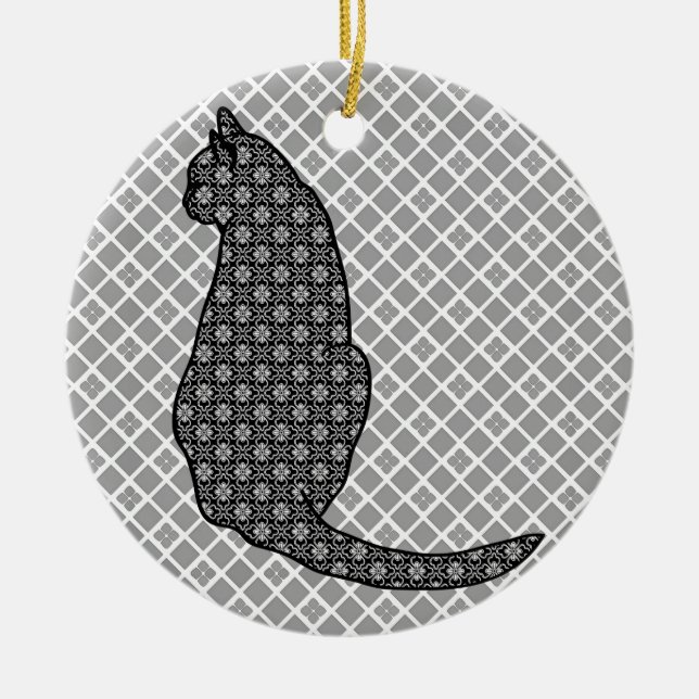 Japanese Cat - Black and White Kimono Print Ceramic Ornament (Front)