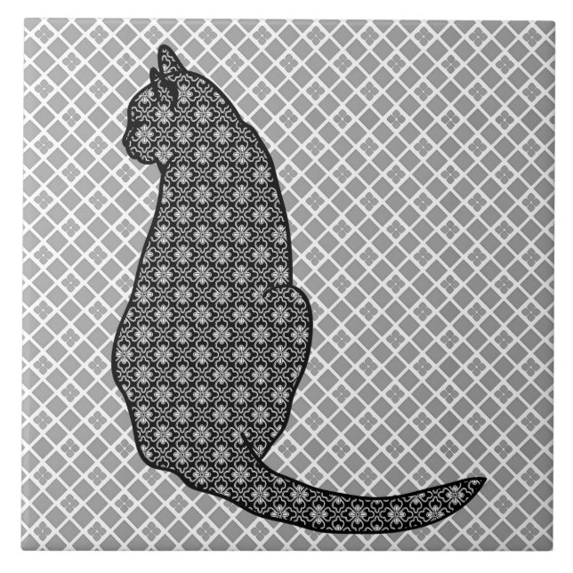 Japanese Cat - Black and White Kimono Print Ceramic Tile (Front)