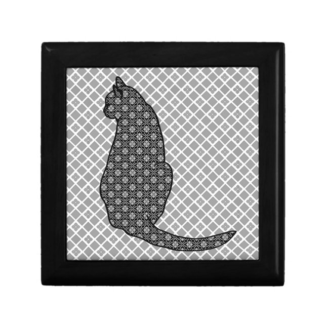 Japanese Cat - Black and White Kimono Print Jewelry Box (Front)