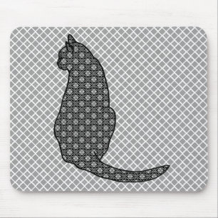 Japanese Cat - Black and White Kimono Print Mouse Pad