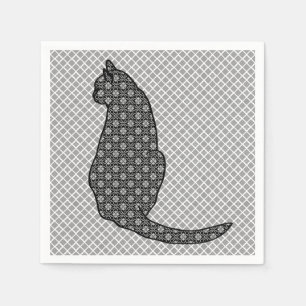 Japanese Cat - Black and White Kimono Print Napkins