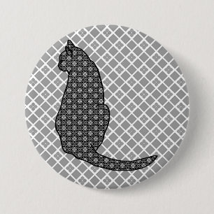 Japanese Cat - Black and White Kimono Print Pinback Button