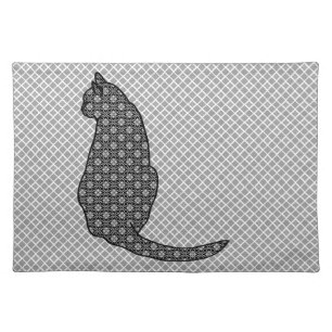 Japanese Cat - Black and White Kimono Print Placemat