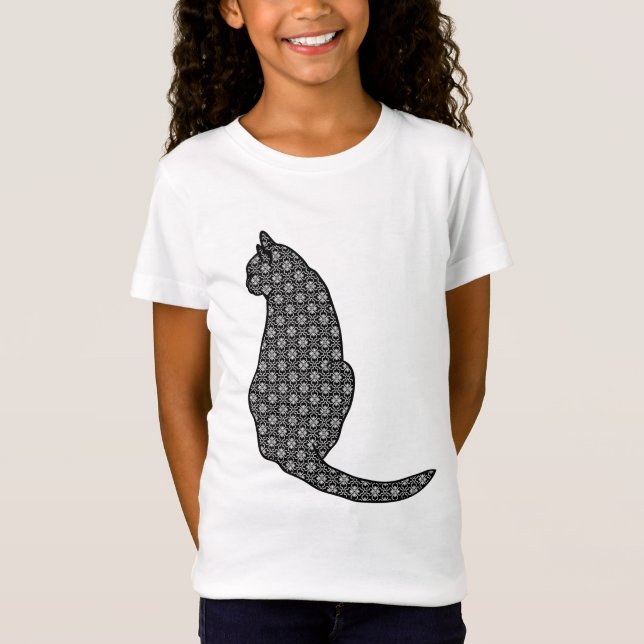 Japanese Cat, Black and White Kimono Print T-Shirt (Front)