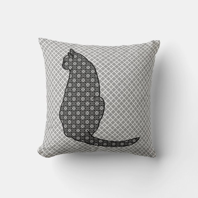 Japanese Cat - Black and White Kimono Print Throw Pillow (Front)