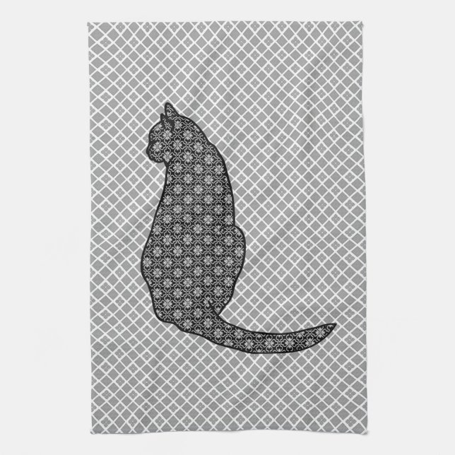 Japanese Cat - Black and White Kimono Print Towel (Vertical)