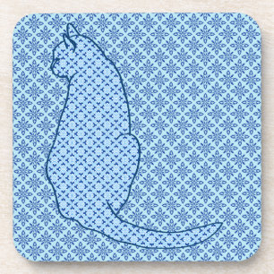 Japanese Cat - Blue Kimono Print Beverage Coaster