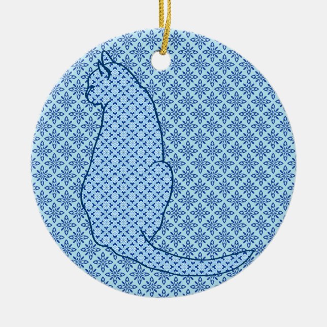 Japanese Cat - Blue Kimono Print Ceramic Ornament (Front)