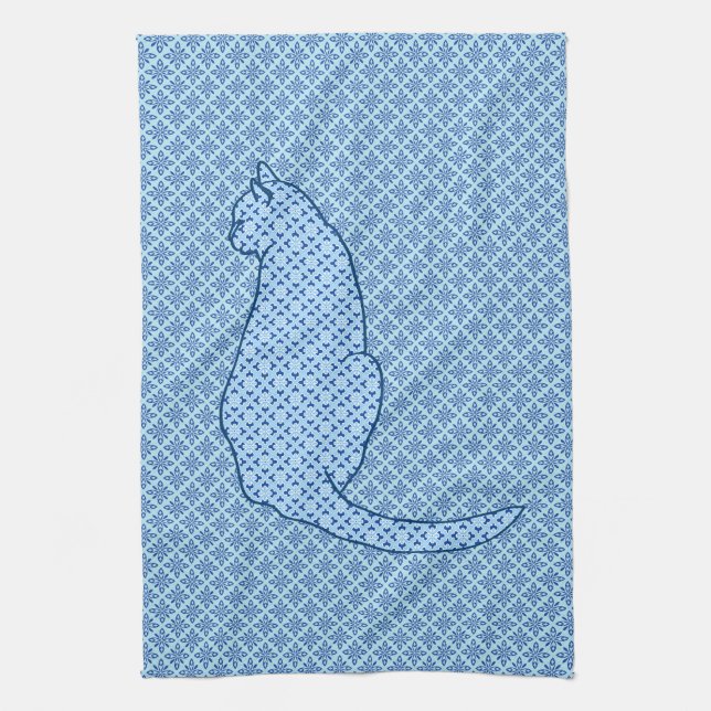 Japanese Cat - Blue Kimono Print Towel (Vertical)