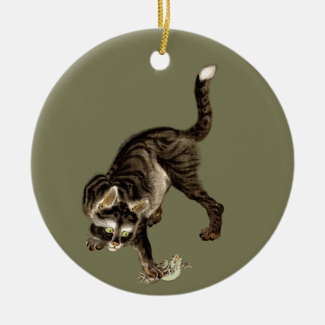 Japanese Cat Catching a Frog Ceramic Ornament (Front)