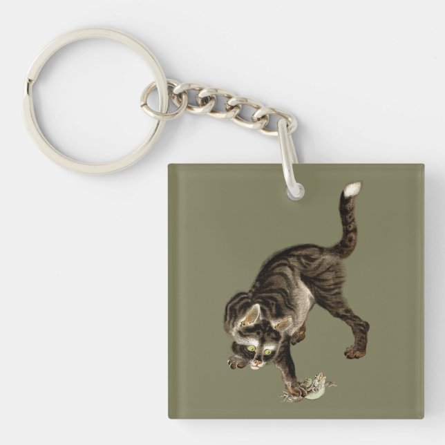 Japanese Cat Catching a Frog Keychain (Front)