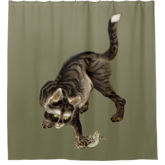 Japanese Cat Catching a Frog Shower Curtain (Front)