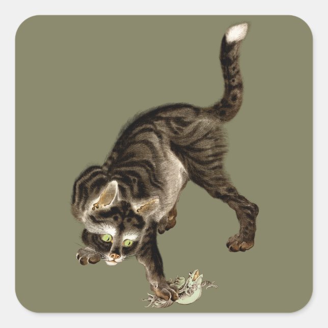 Japanese Cat Catching a Frog Square Sticker (Front)