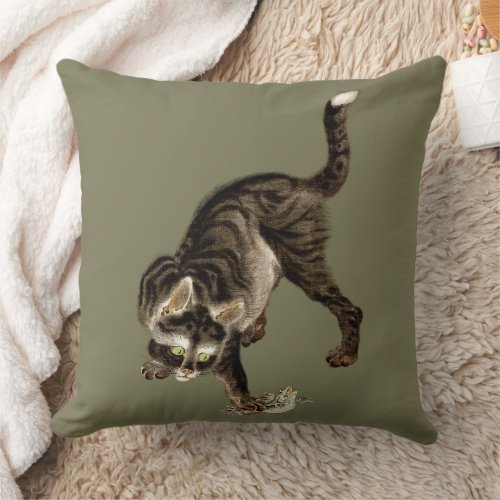 Japanese Cat Catching a Frog Throw Pillow