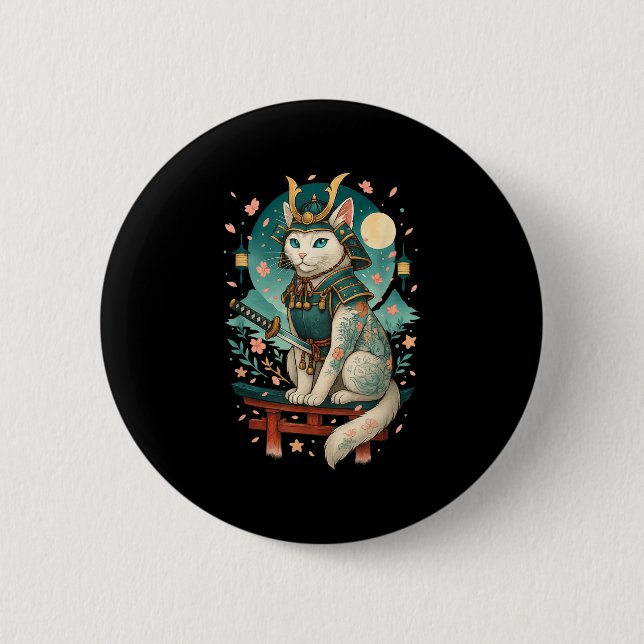 Japanese Cat Cherry Blossom Samurai Moonlight  Button (Front)