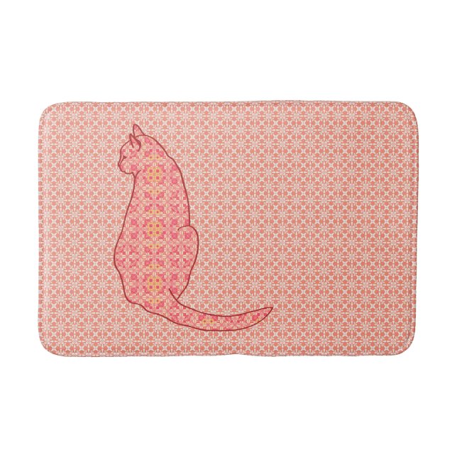 Japanese Cat - Coral Orange Batik Bathroom Mat (Front)