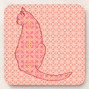 Japanese Cat - Coral Orange Batik Beverage Coaster