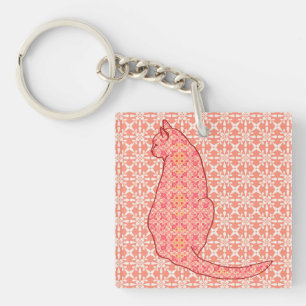 Japanese Cat - Coral Orange Batik Keychain