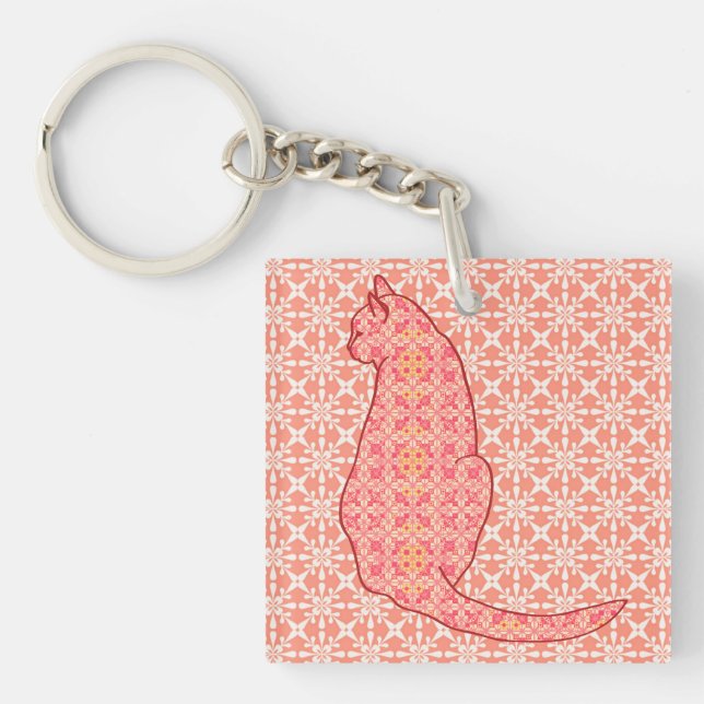 Japanese Cat - Coral Orange Batik Keychain (Front)