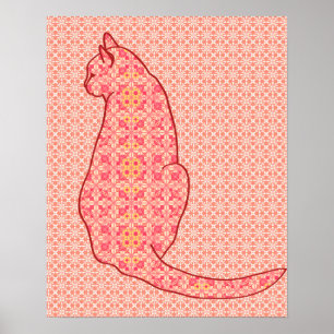 Japanese Cat - Coral Orange Batik Poster