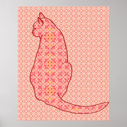 Japanese Cat _ Coral Orange Batik Poster