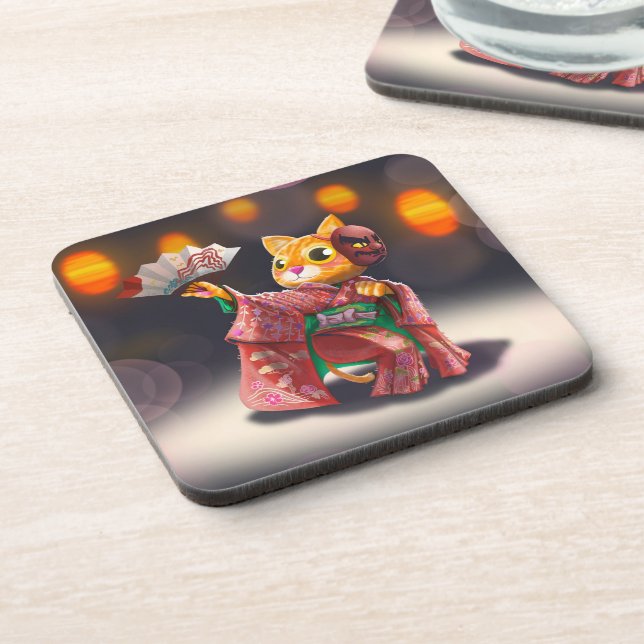 Japanese cat dancer in traditional costume  beverage coaster (Left Side)
