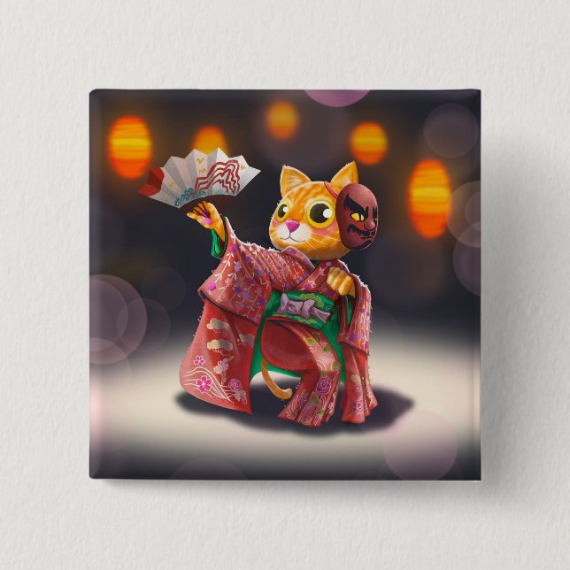Japanese cat dancer in traditional costume  button (Front)