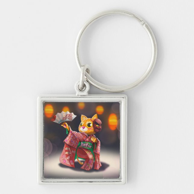 Japanese cat dancer in traditional costume keychain (Front)
