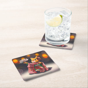 Japanese cat dancer in traditional costume  square paper coaster