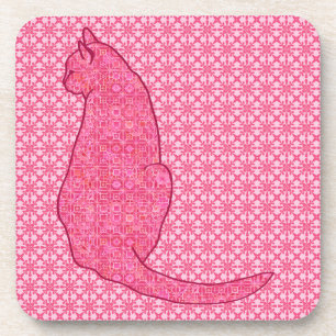 Japanese Cat - Fuchsia Pink Batik Beverage Coaster
