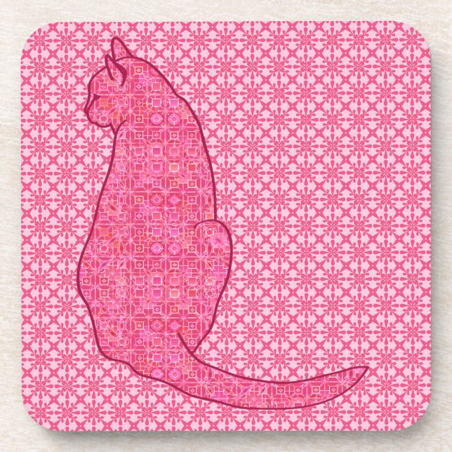 Japanese Cat - Fuchsia Pink Batik Beverage Coaster (Front)