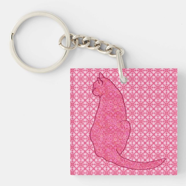 Japanese Cat - Fuchsia Pink Batik Keychain (Front)