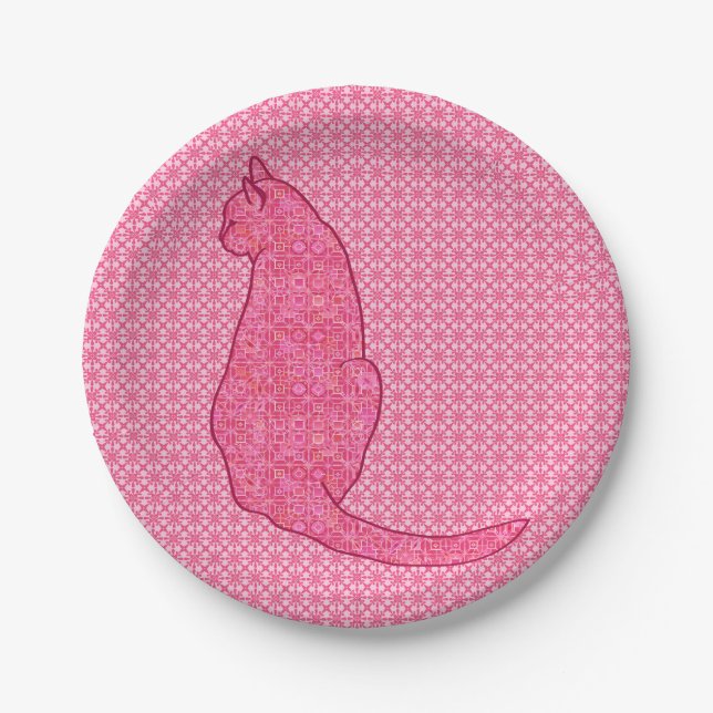 Japanese Cat - Fuchsia Pink Batik Paper Plates (Front)