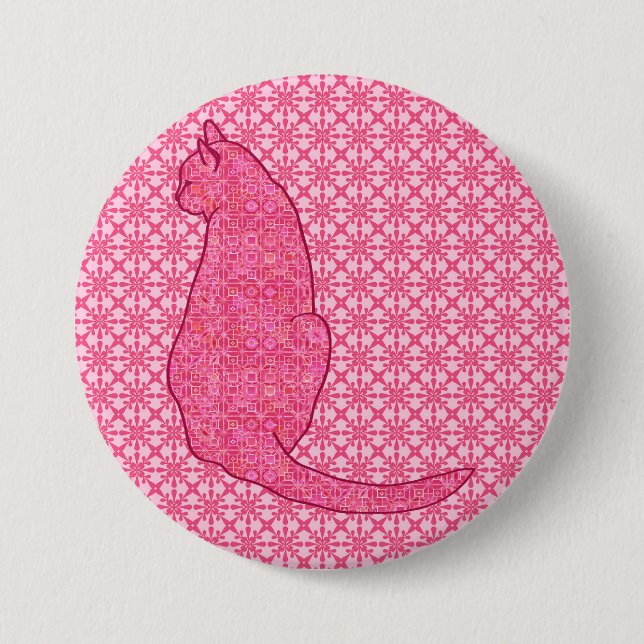 Japanese Cat - Fuchsia Pink Batik Pinback Button (Front)