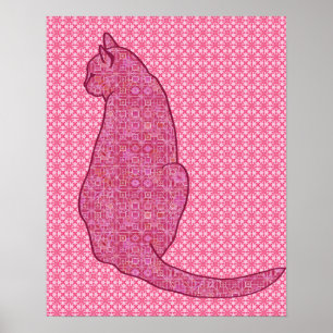 Japanese Cat - Fuchsia Pink Batik Poster