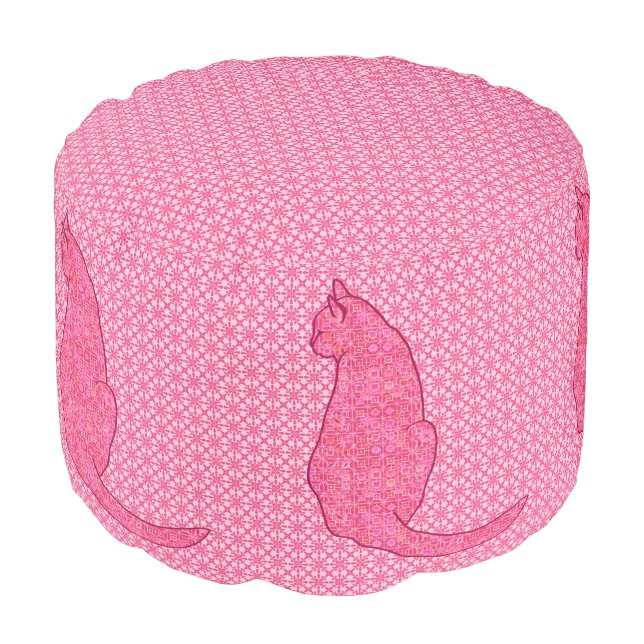 Japanese Cat - Fuchsia Pink Batik Pouf (Angled Front)