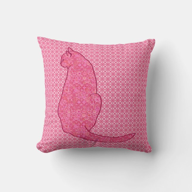 Japanese Cat - Fuchsia Pink Batik Throw Pillow (Front)