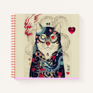 JAPANESE CAT IN SNAKE TATTOO ,Red Heart Notebook