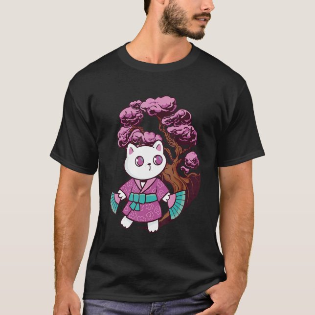 Japanese Cat Kitten Bonsai Tree Japan Cherry Bloss T-Shirt (Front)