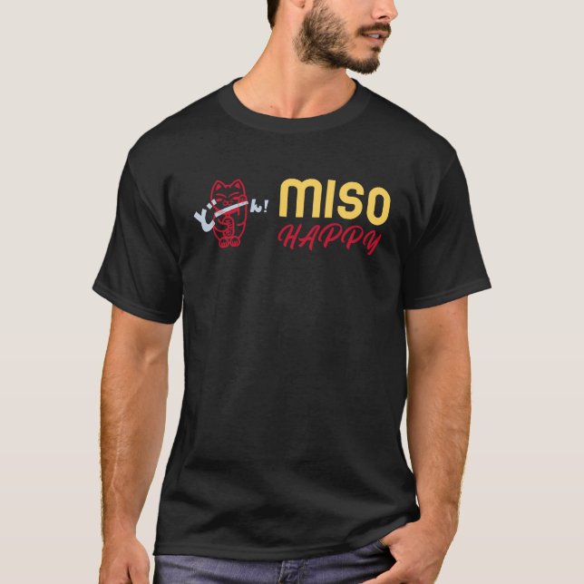 Japanese Cat Kitten Soup Says Miso Happy T-Shirt (Front)